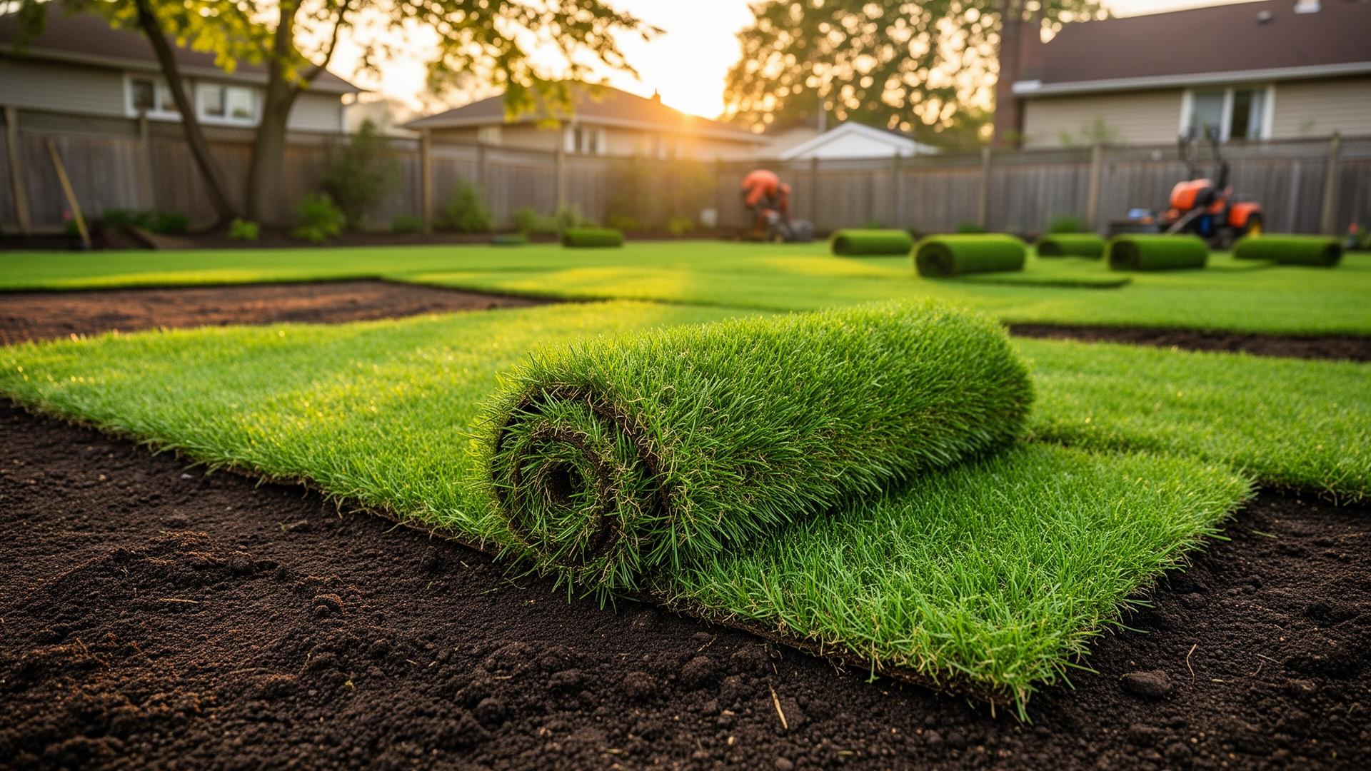 Fresh green sod lawn installation with rolled sod on rich topsoil