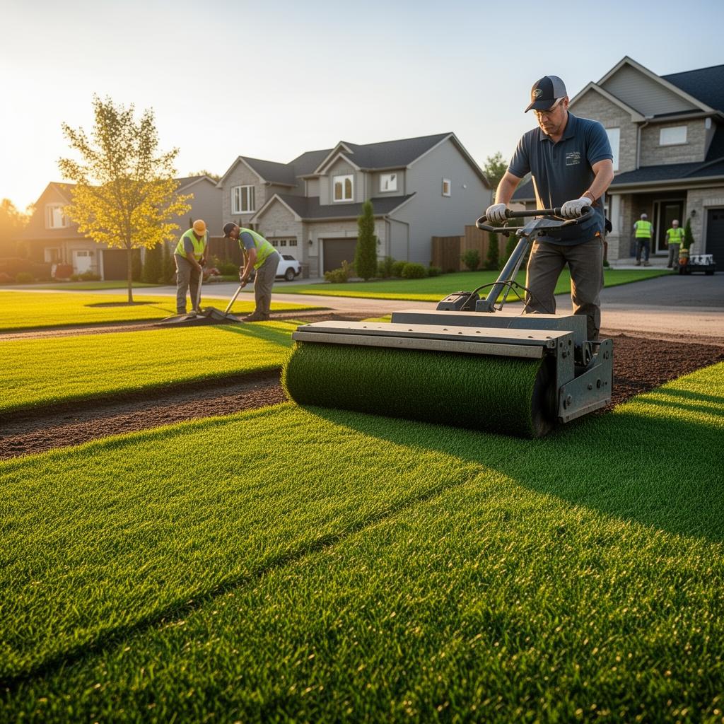 Fresh sod being rolled for even soil contact on a residential lawn